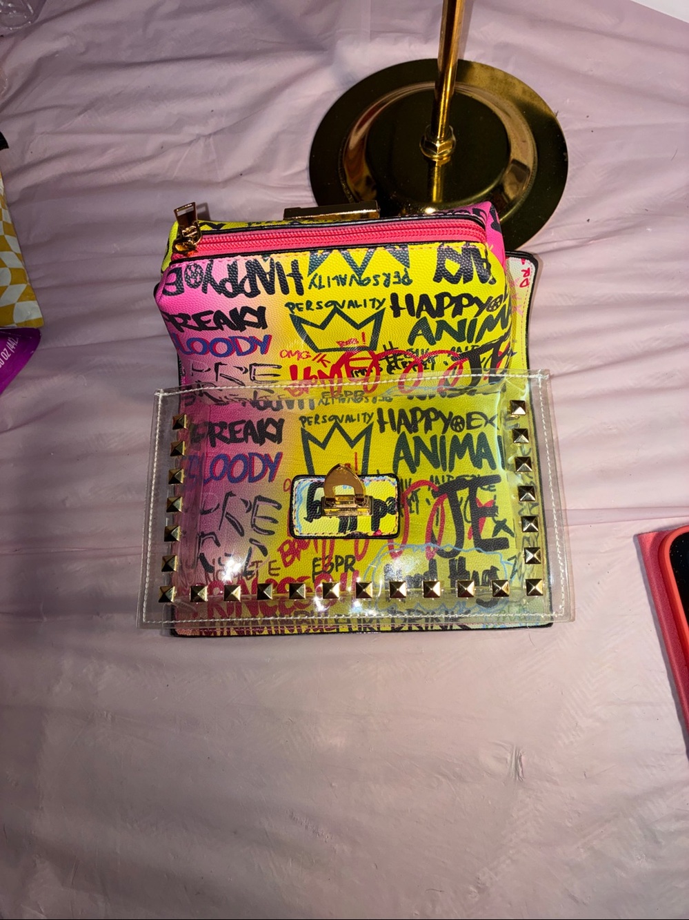 Vibrant Graffiti Zip Pouch with Gold Stud Detail - Picture 6 of 9